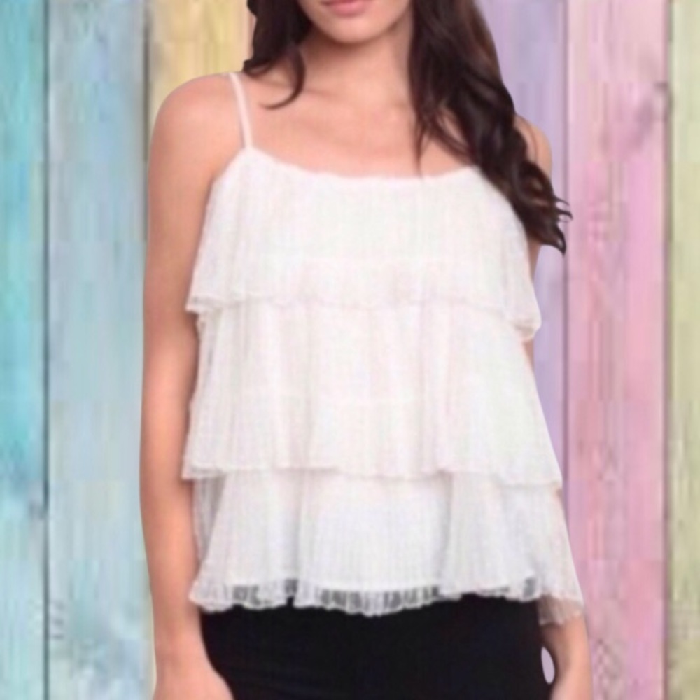 12th Tribe White Ruffle Swiss Dot Layer Sheer Mesh Overlay Top